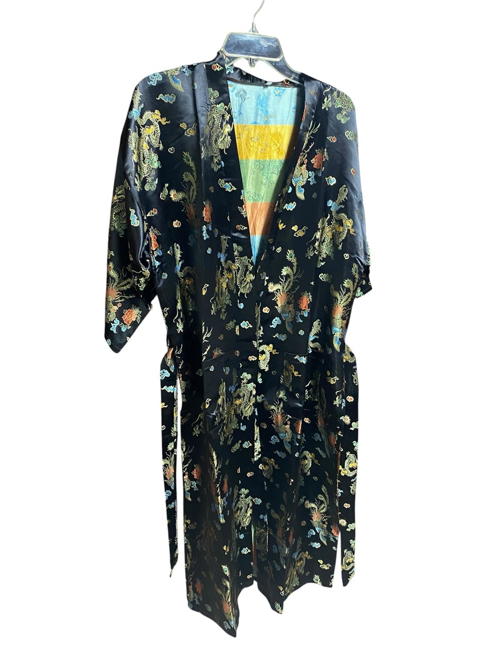 Black Gold satin kimono robe traditional Asian dragon embroidery Boho Whimsical - Picture 11 of 14